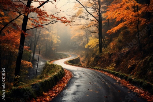 Rural road in misty autumn forest