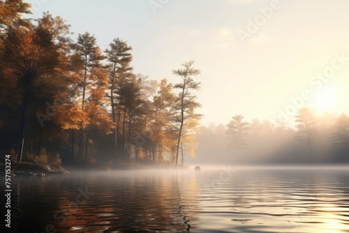 Misty autumn morning on lake