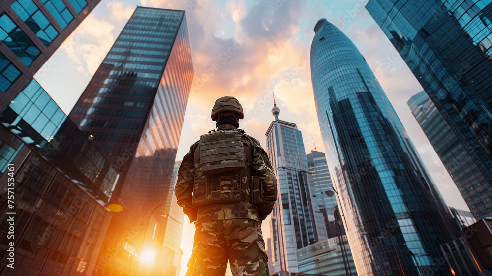 Soldiers stand tall to protect the city. - obrazy, fototapety, plakaty 