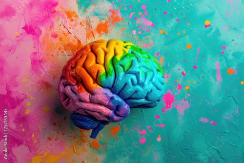 Colorful Brain Model on Artistic Paint Splattered Background. National Mental Health Awareness
