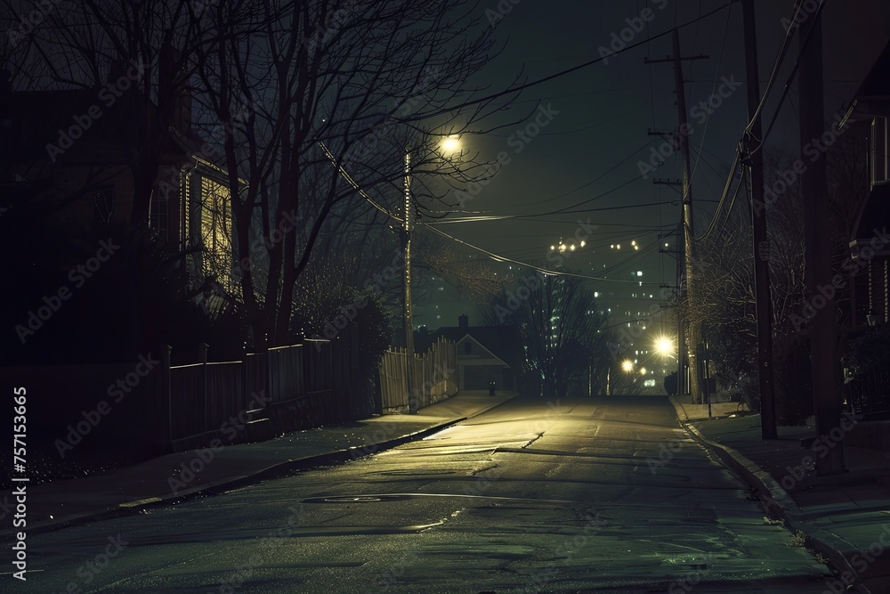 A deserted street at night illuminated by flickering street lights. Generative AI
