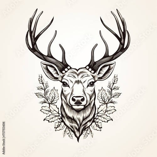 Hand-drawn Christmas deer head vector  simple  black and white   reated with Generative Ai