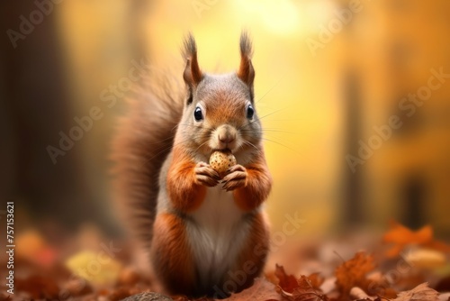 Squirrel holding nut in autumn foliage