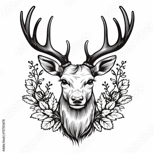 Hand-drawn Christmas deer head vector, simple, black and white сreated with Generative Ai © Andrii Yablonskyi