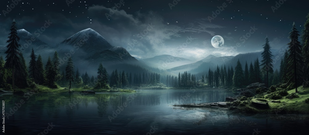 A serene natural landscape of a lake surrounded by mountains and trees under a full moon in the midnight sky, with water shimmering under the moonlight