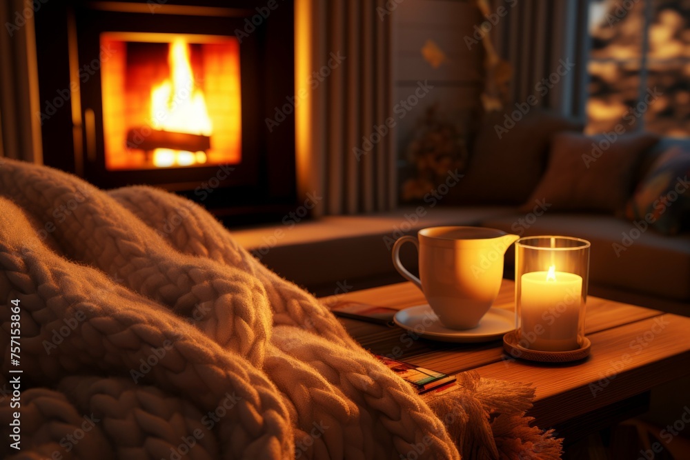 Cozy autumn living room with fireplace Cozy autumn living room with fireplace