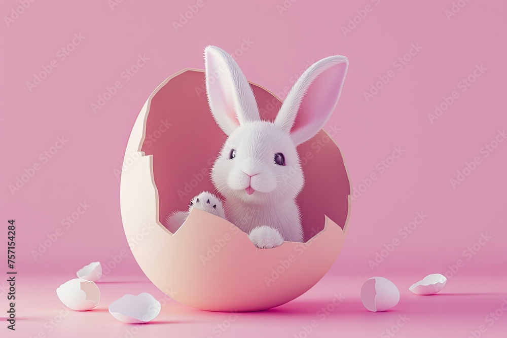 Cute easter bunny rabbit in an easter egg shell
