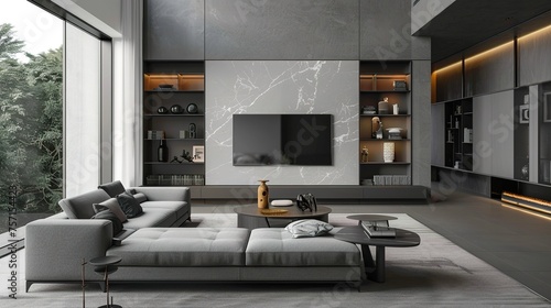 Minimalist style interior design of modern luxurious living room with fireplace and concrete walls. 