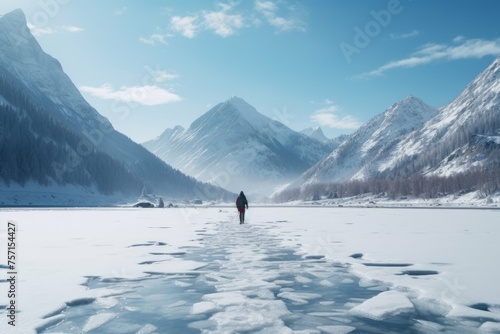 Person walking on a frozen lake with snow-covered trees and mountains. © Michael Böhm