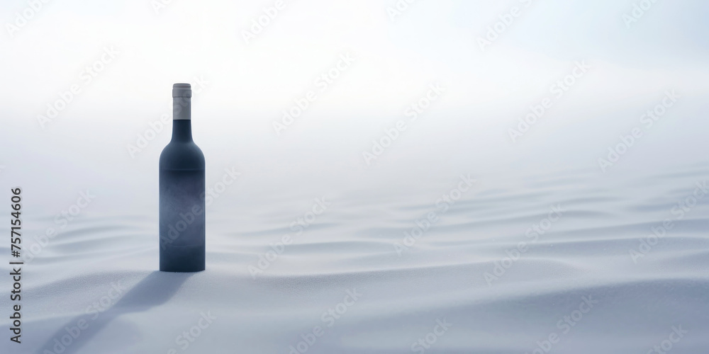 Wine bottle in a white desert sand. White mist around. Serene landscape. Generative AI Wine bottle in a white desert sand. White mist around. Serene landscape. Generative AI