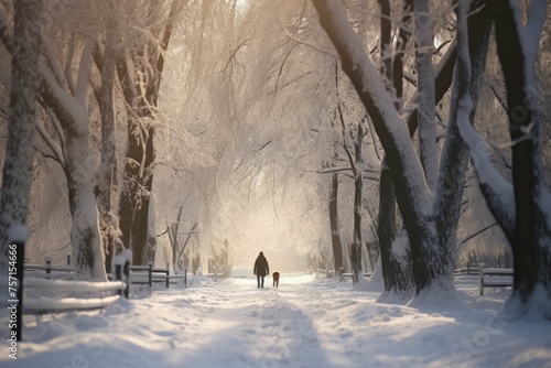 Walking dog in snow-covered park © Michael Böhm