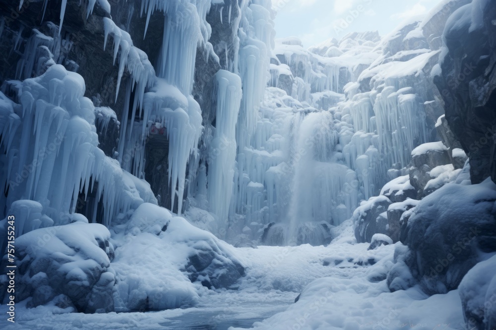 Frozen waterfall surrounded by icicles and snow-covered rocks in a winter wonderland. - obrazy, fototapety, plakaty 