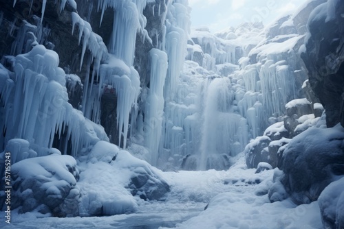 Frozen waterfall surrounded by icicles and snow-covered rocks in a winter wonderland.