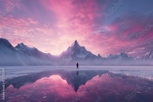 Standing on a frozen lake at sunset