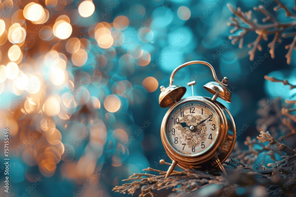 © vik.stock - A vintage alarm clock on a magical background with Christmas tree branches and lights. Festive background with copy space