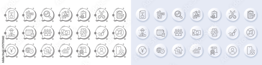 Phone survey, Report document and Certificate line icons. White pin 3d buttons, chat bubbles icons. Pack of Fake internet, No music, Demand curve icon. Vector Phone survey, Report document and Certificate line icons. White pin 3d buttons, chat bubbles icons. Pack of Fake internet, No music, Demand curve icon. Vector
