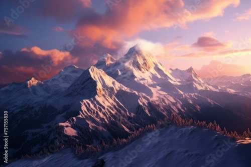 Snow-covered mountain range at sunrise