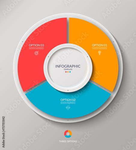 Vector infographic circle. Cycle diagram with 3 options. Round chart that can be used for report, business analytics, data visualization, presentation, brochure.