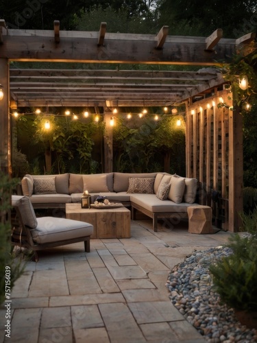 Rustic outdoor lounge area with a weathered wooden pergola, cozy outdoor furniture, and soft ambient lighting, creating an inviting space for relaxation © Rabil