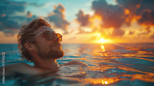 Young man relaxing in sea at sunset. Travel, vacation and holiday concept