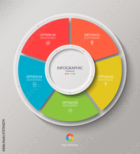 Vector infographic circle. Cycle diagram with 5 options. Round chart that can be used for report, business analytics, data visualization, presentation, brochure.