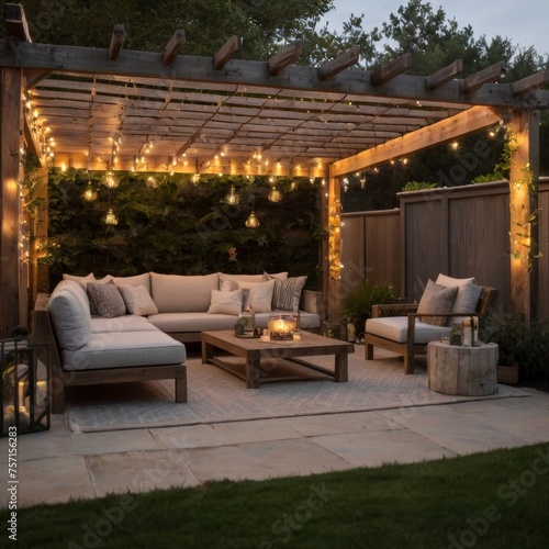 Rustic outdoor lounge area with a weathered wooden pergola, cozy outdoor furniture, and soft ambient lighting, creating an inviting space for relaxation © Rabil