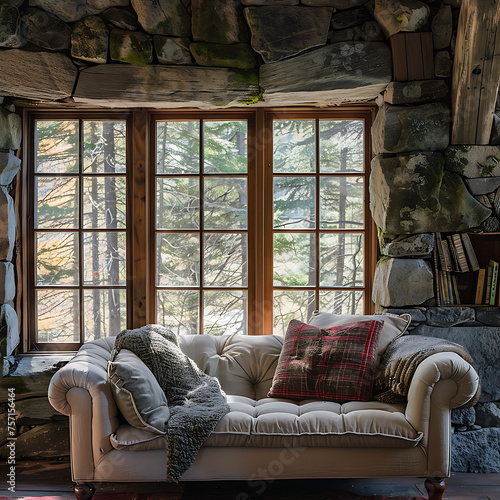 A cozy sofa nestled against a rugged stone wall in a cabin deep within a forest, surrounded by nature. © Simo