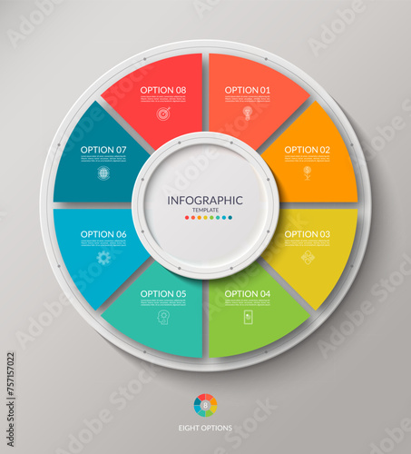 Vector infographic circle. Cycle diagram with 8 options. Round chart that can be used for report, business analytics, data visualization, presentation, brochure.