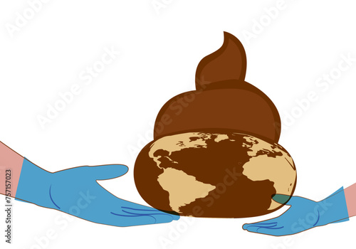 Día mundial del medio ambiente. Entrega de Tierra caca de padres a hijos con guantes. Tierra contaminada y sucia