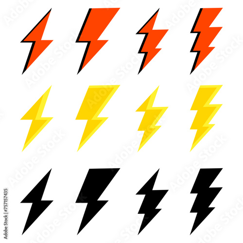 Lightning bolt retro icons set. Thunder symbols. Lightning strike vector illustration isolated on white background.