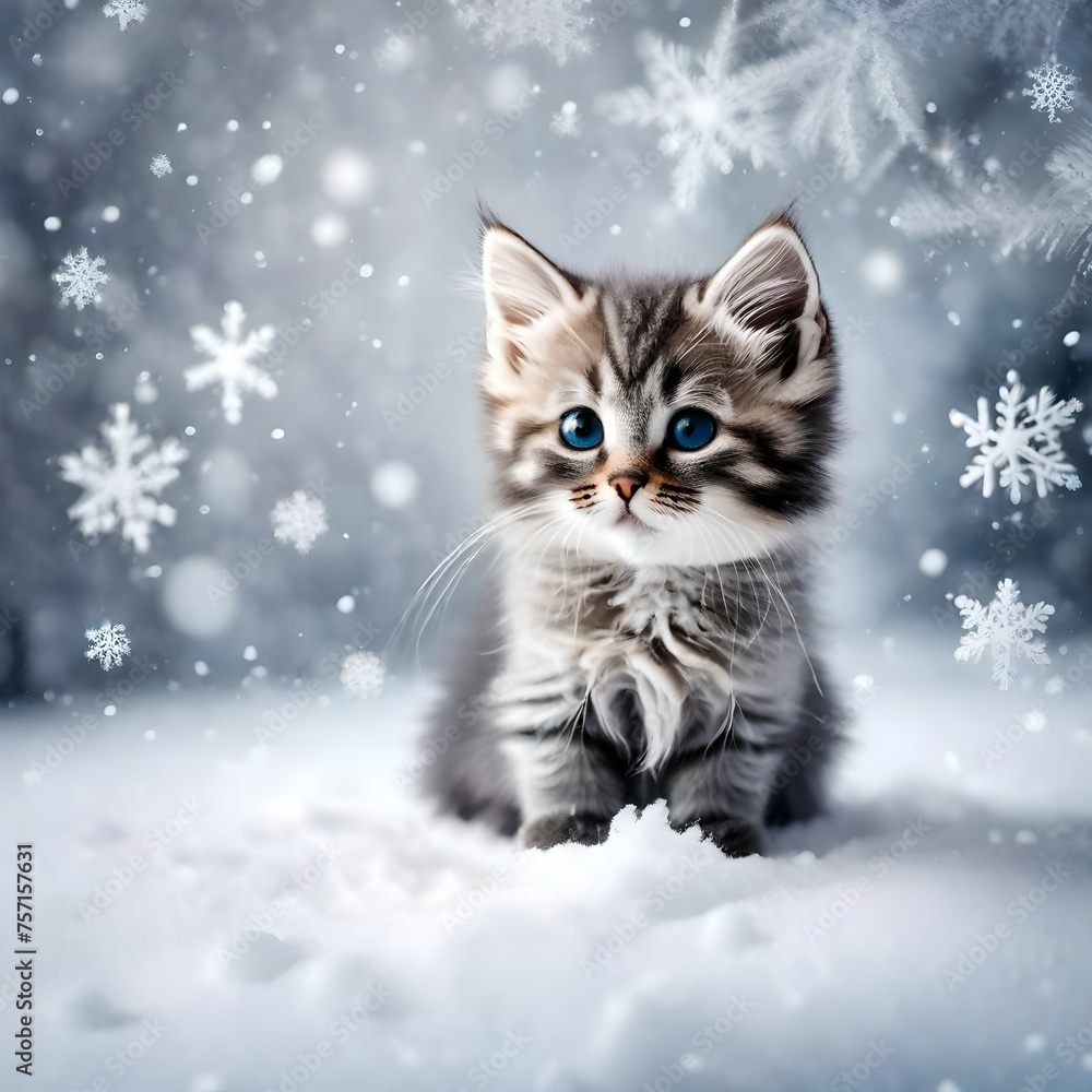 Cute little gray kitten sitting on the snow with copy space for text. Snowy winter background. Christmas background