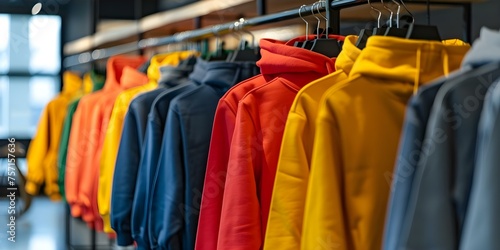 Vibrantly Colored Hoodies and Sweatshirts Showcased in a Retail Store. Concept Retail Display, Colorful Clothing, Hoodies, Sweatshirts, Fashion Trends
