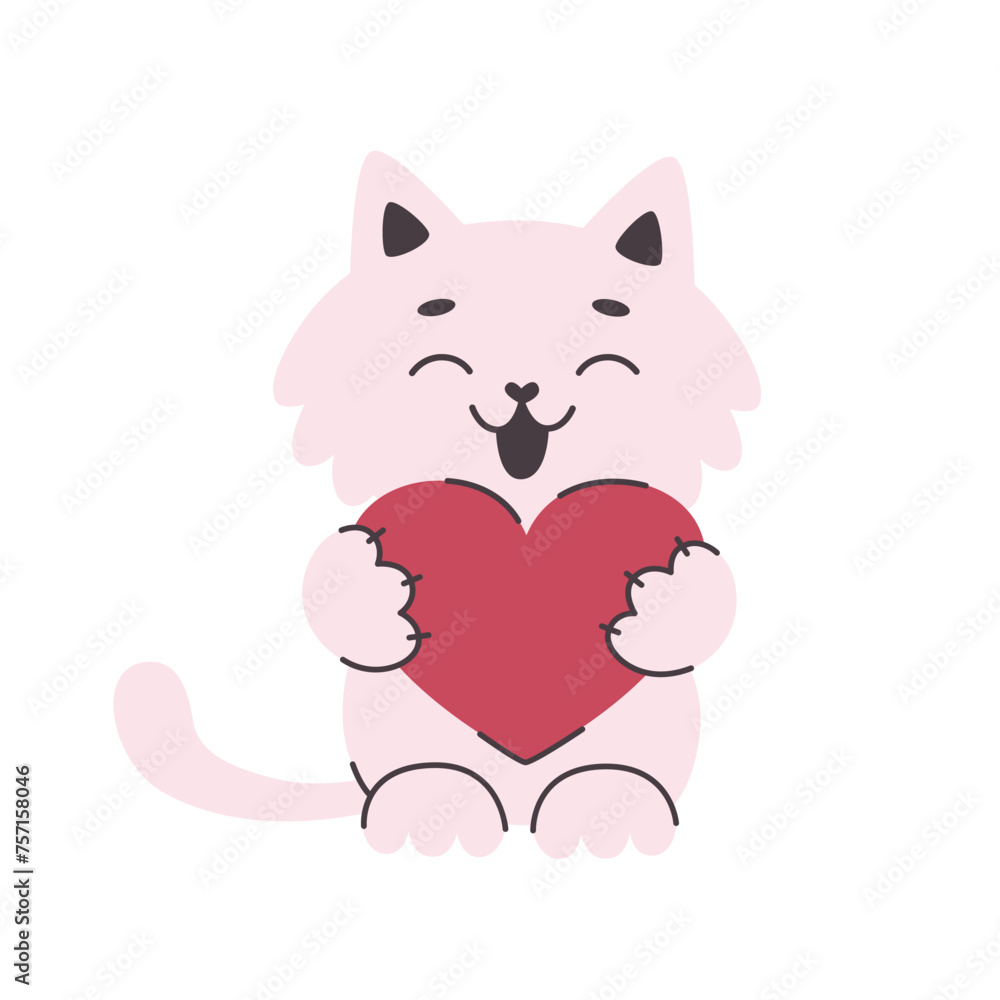 Cute smiling cat holding a heart in his paws.Simple flat vector cartoon illustration