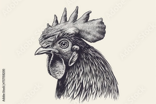 Rooster head in ink pencil style drawing, engrave old school. Rooster logo. Farm poultry photo