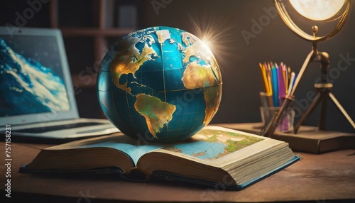 An open book with a world globe and surrounding books, in front of a laptop on a table photo