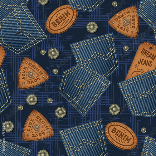 Denim seamless pattern with scattered buttons, rivets, back pockets, leather brand labels. Blue grunge abstract texture with criss crossed lines on background. Vintage style