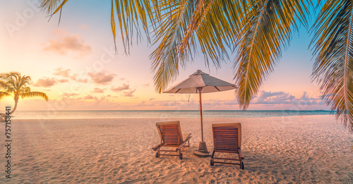 Amazing leisure beach. Couple chairs sandy beach sea. Luxury summer holiday vacation resort hotel for tourism. Inspire tropical paradise landscape. Tranquil honeymoon relax beach, beautiful landscape