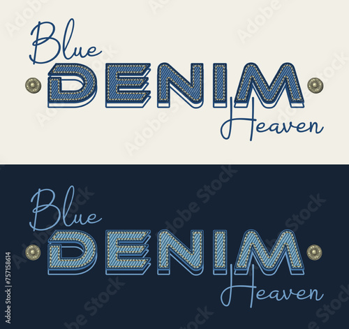 Horizontal denim label with text Blue Heaven, jeans buttons. Volume letters. Detailed composition in vintage style on black, white background. For clothing, t shirt, surface design.