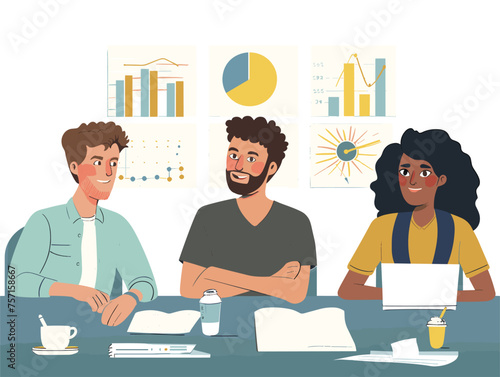  A group of investors analyzes potential startup pitches evaluating their market potential and investment risks. (Investment meeting) 