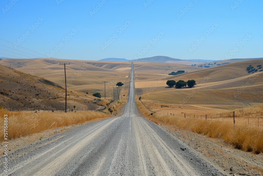 A long, straight road cutting through a dry, hilly landscape with clear blue skies above A long, straight road cutting through a dry, hilly landscape with clear blue skies above