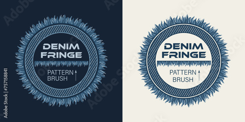 Circular denim frame. Pattern brush with denim fringe, torn edges. Design element in vintage style. photo