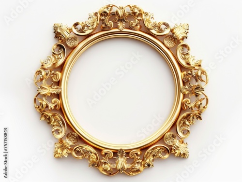 An ornate, empty, golden picture frame with intricate details and floral patterns on a plain white background