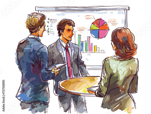  A group of three well-dressed individuals huddle around a whiteboard animatedly discussing graphs and figures with markers in hand. (Board meeting) 