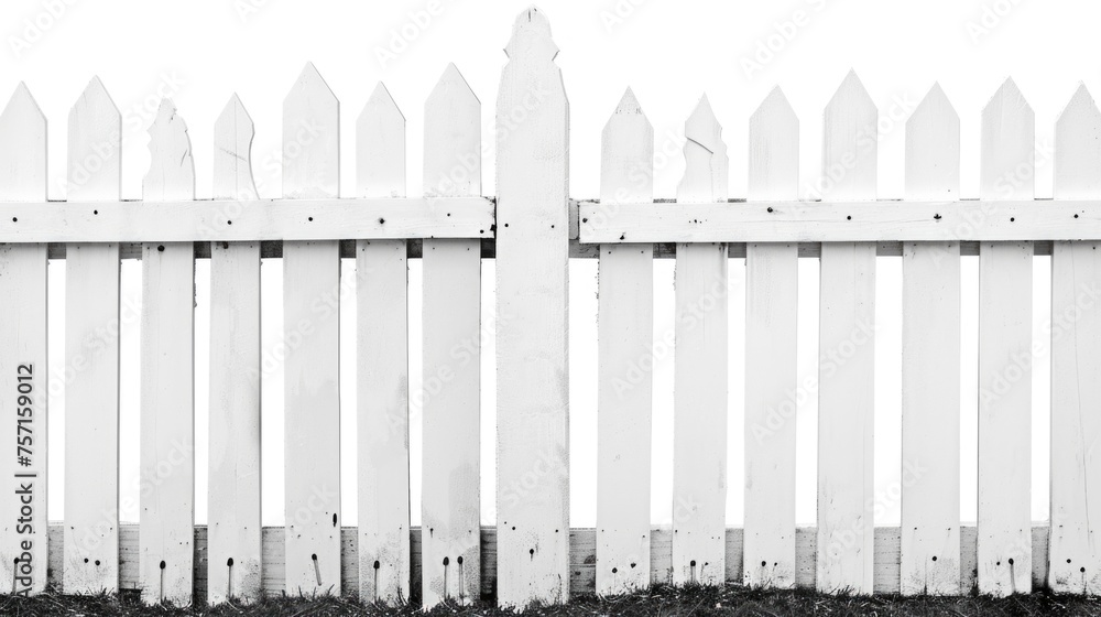 A simple white picket fence, straight on view, depicting the traditional boundary marker, again on a white background A simple white picket fence, straight on view, depicting the traditional boundary marker, again on a white background