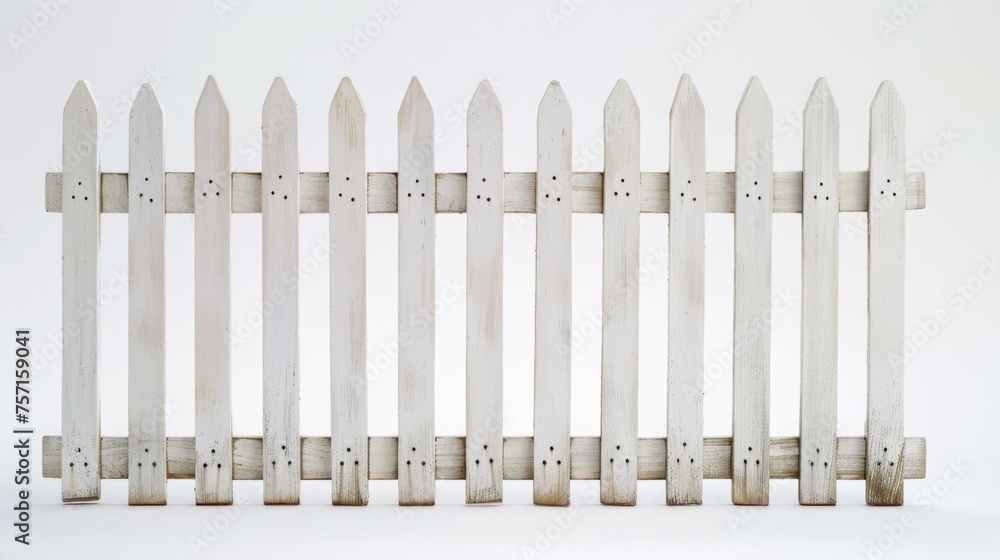 A simple white picket fence, straight on view, depicting the traditional boundary marker, again on a white background A simple white picket fence, straight on view, depicting the traditional boundary marker, again on a white background