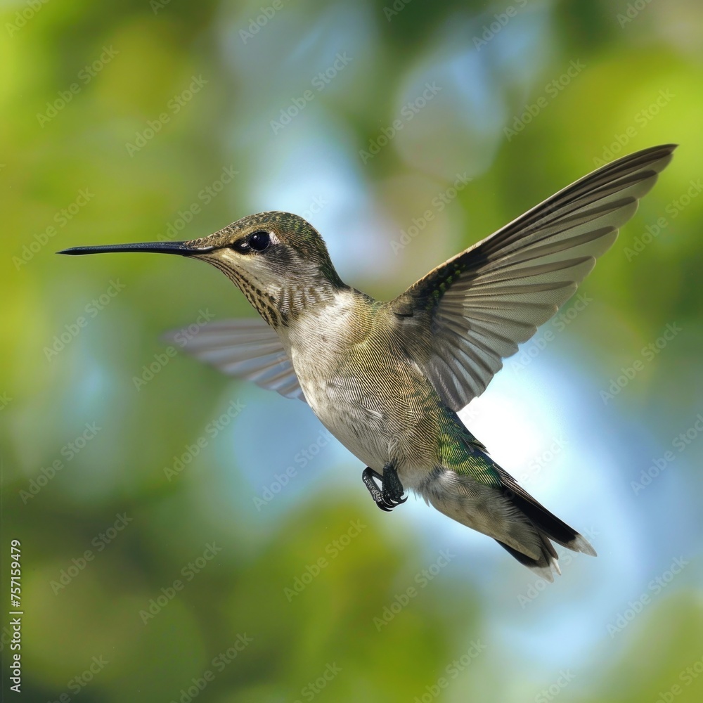 Fototapeta premium a hummingbird in flight, showcasing its delicate wings and long beak.