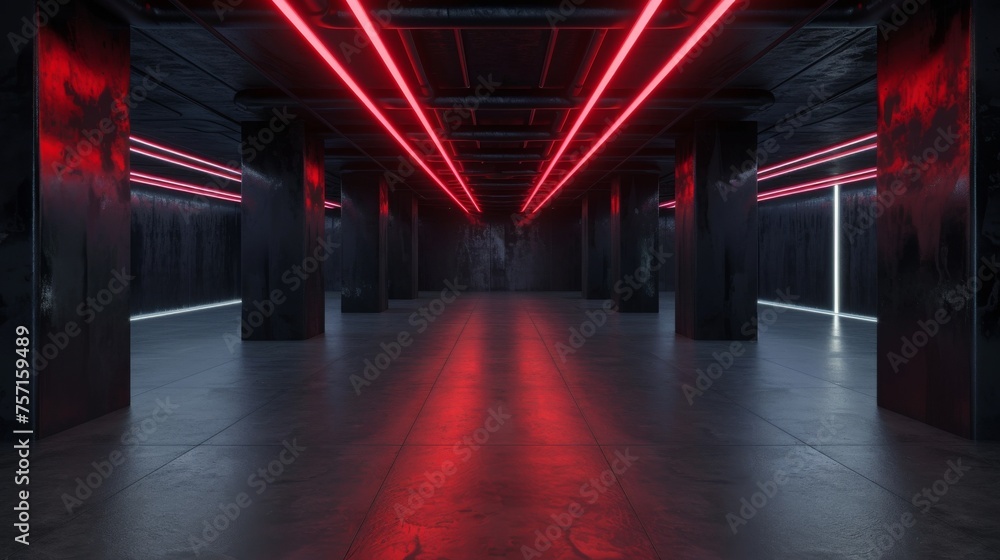 Red Neon Light Underground Passage, An underground passage dramatically lit with red neon lights, giving a sense of depth and mystery. Empty scene Red Neon Light Underground Passage, An underground passage dramatically lit with red neon lights, giving a sense of depth and mystery. Empty scene