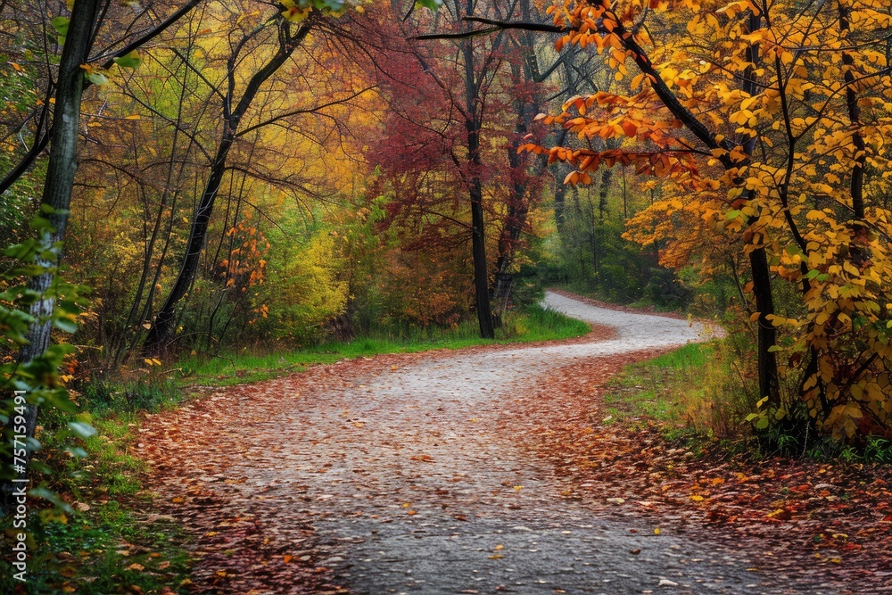 A captivating scene of a dirt road surrounded by vibrant autumn foliage, creating a serene atmosphere, A curvy path through colourful autumn trees, AI Generated