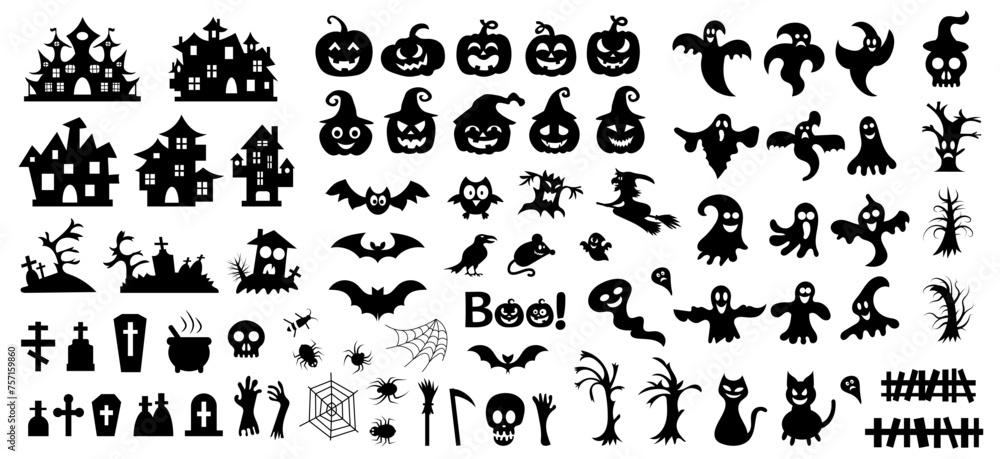 Big set of silhouettes of Halloween on a white background. Vector illustration