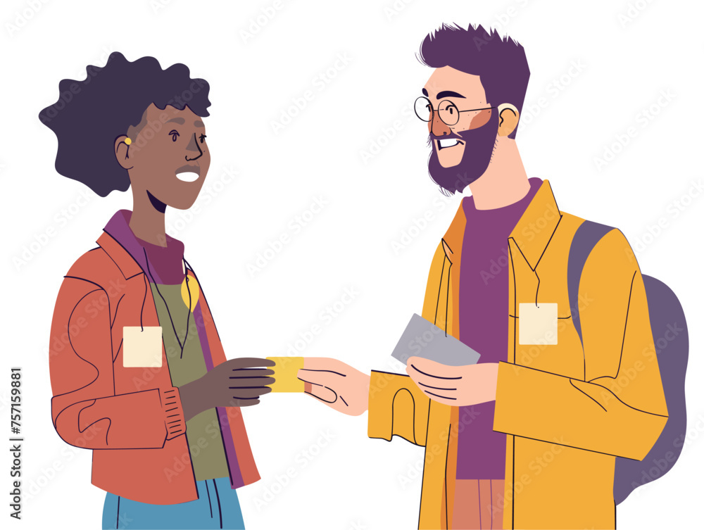 Fototapeta premium A photographer exchanges business cards with a potential collaborator at a networking event expanding their professional circle. 